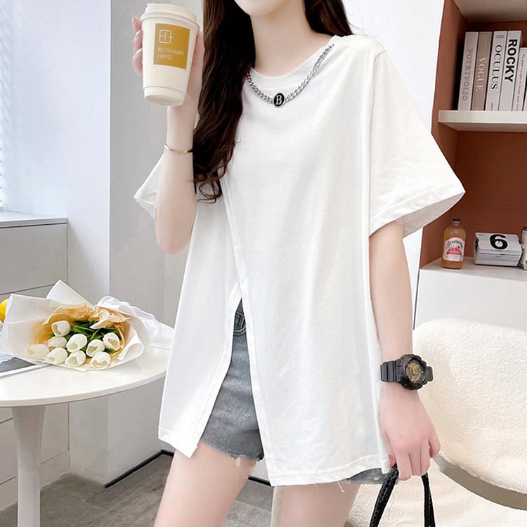 Chained Solid Color Slit Loose T-Shirt