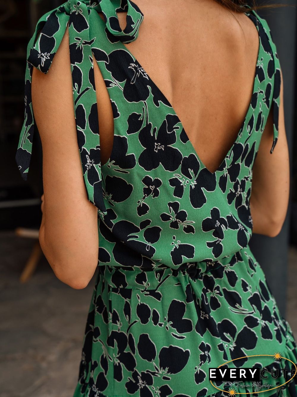 Women'S Dresses V-Neck Belted Ruffle Print Dress