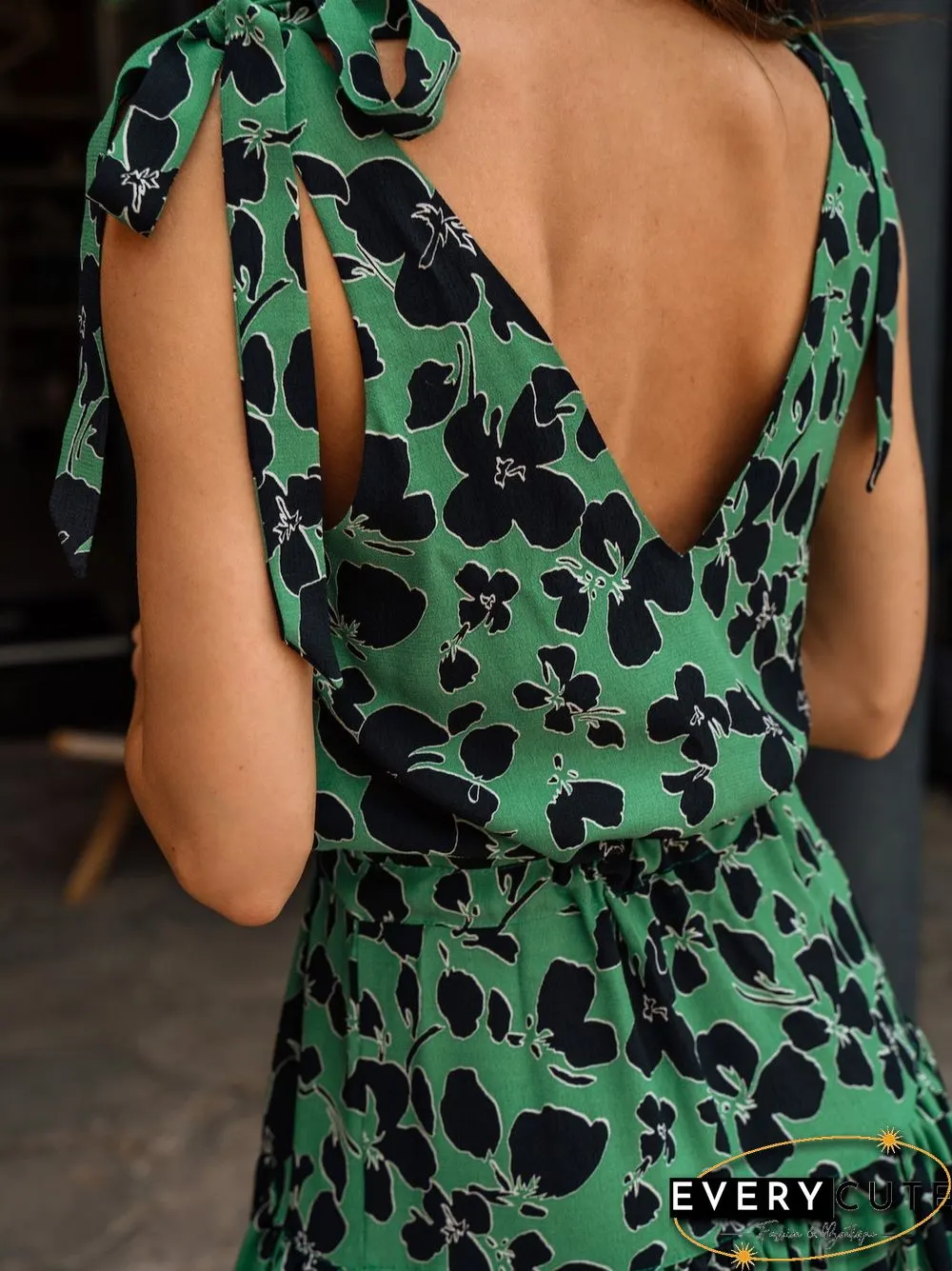 Women'S Dresses V-Neck Belted Ruffle Print Dress