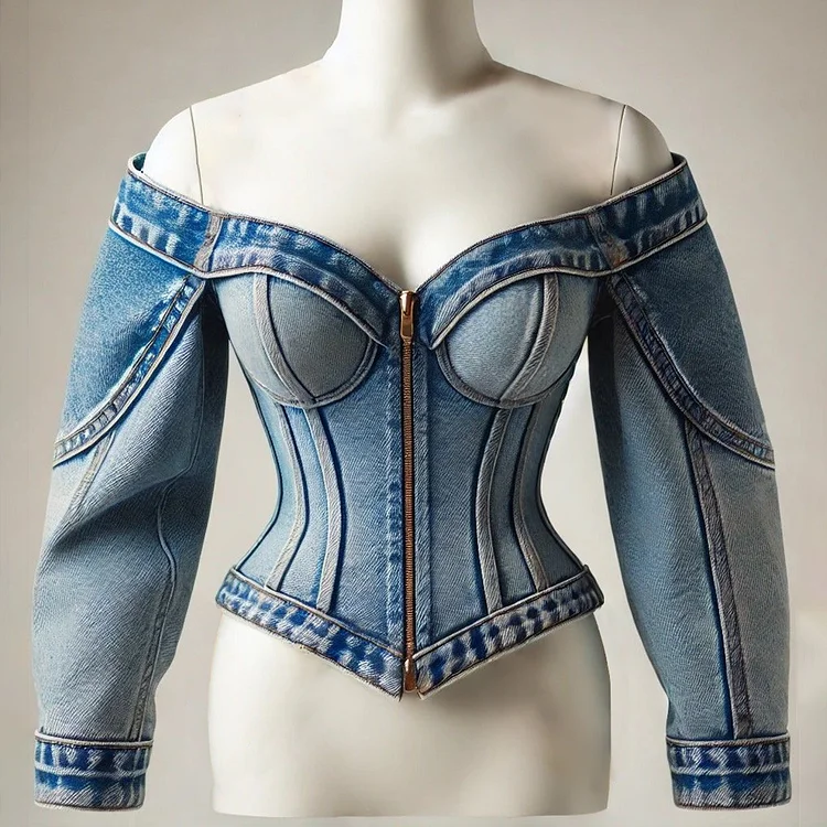 Ursime Denim Off The Shoulder Zip Up Long Sleeve Blouse