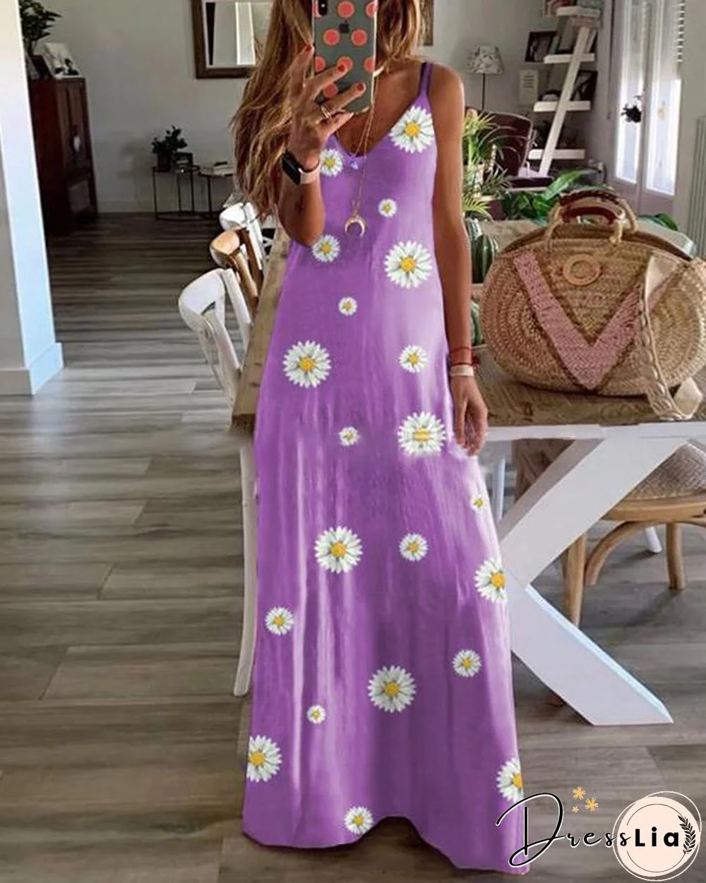 Sleeveless Floral Print V Neck Holiday Maxi Dress