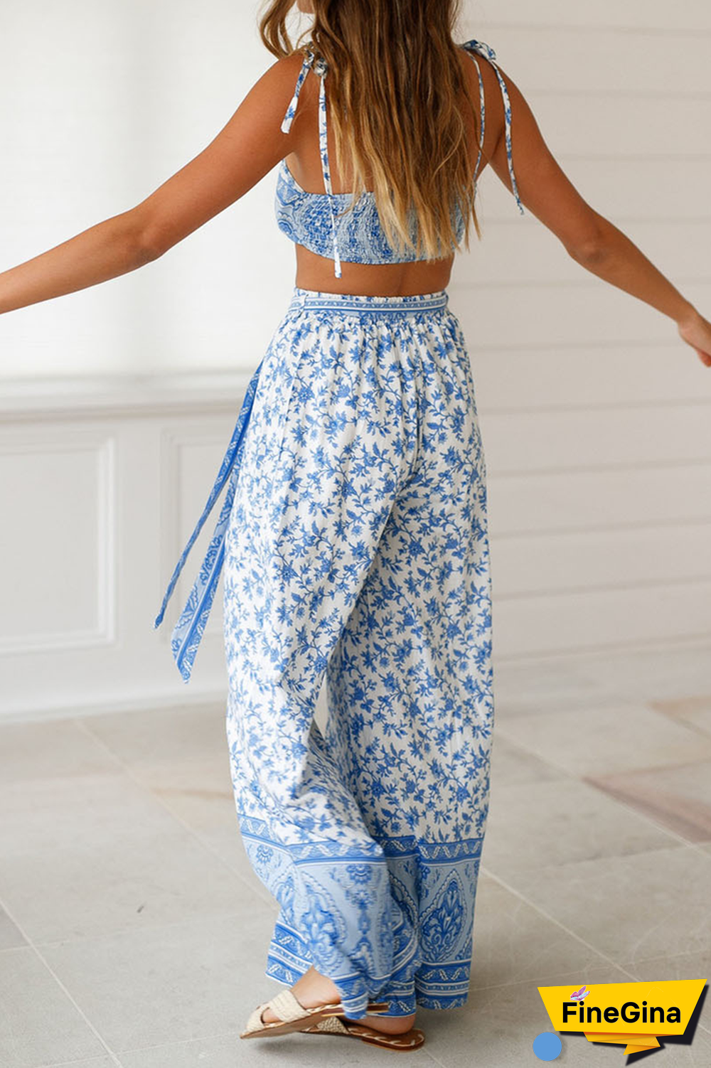 Fashion Patchwork Print Frenulum Sleeveless Two Pieces