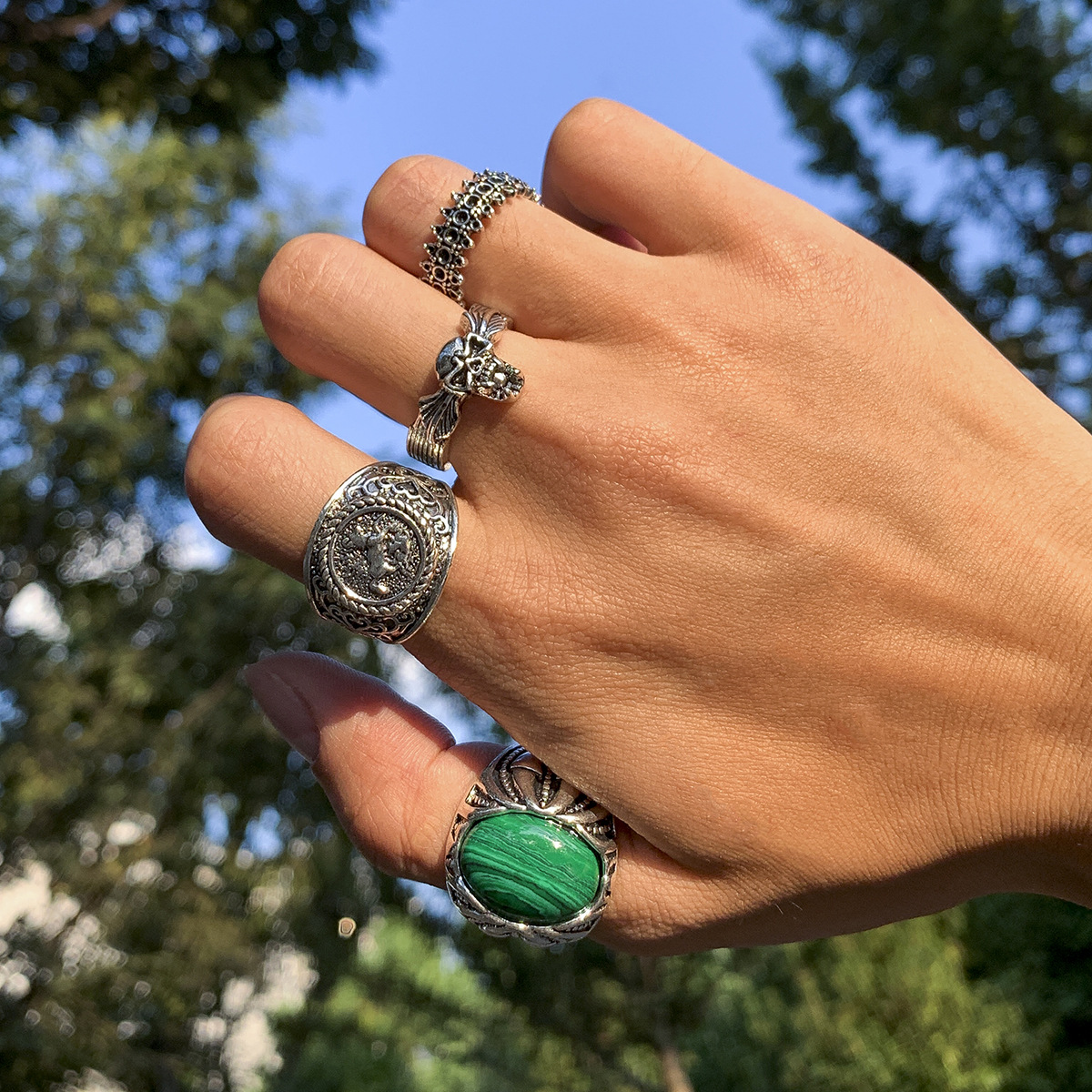 Comstylish Men's Vintage Imitation Malachite Ethnic Skull Set Ring