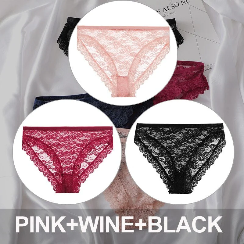 FINETOO 3PCS/Set Floral Lace Sexy Women Lingerie Panties M-2XL Plus Size Underpants Transparent Female Comfortable Briefs Girls