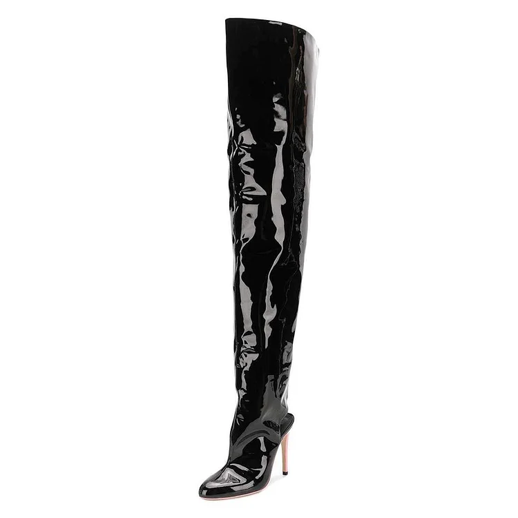Black Patent Leather Stiletto Boots Over-the-knee Sandal Boots |FSJ Shoes