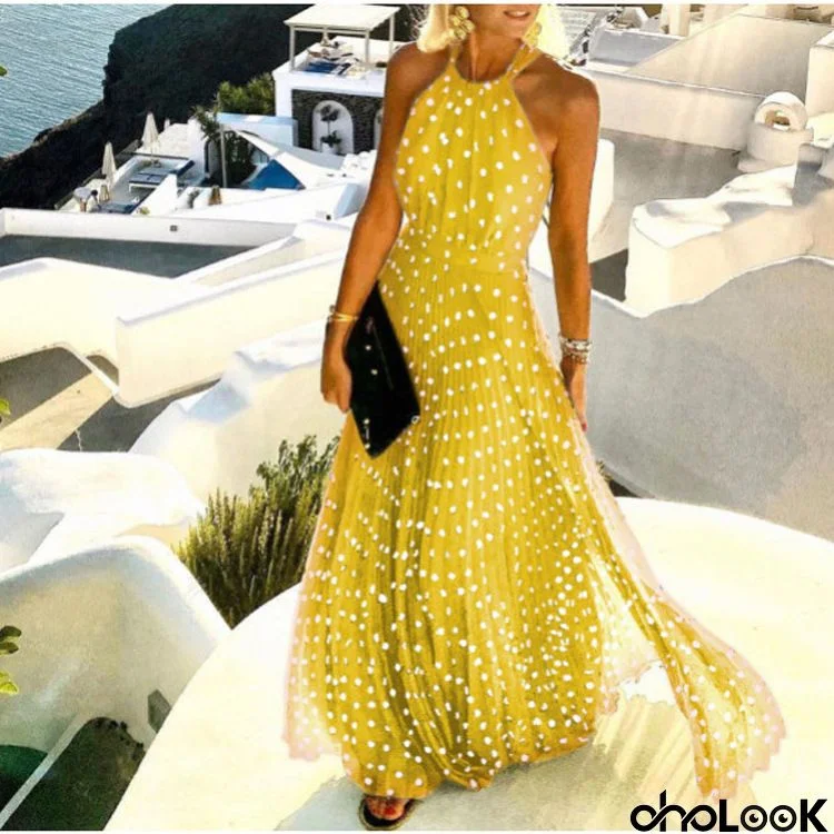 Women Fashion Casual Boho Polka Dot Printing Sleeveless Maxi Dress