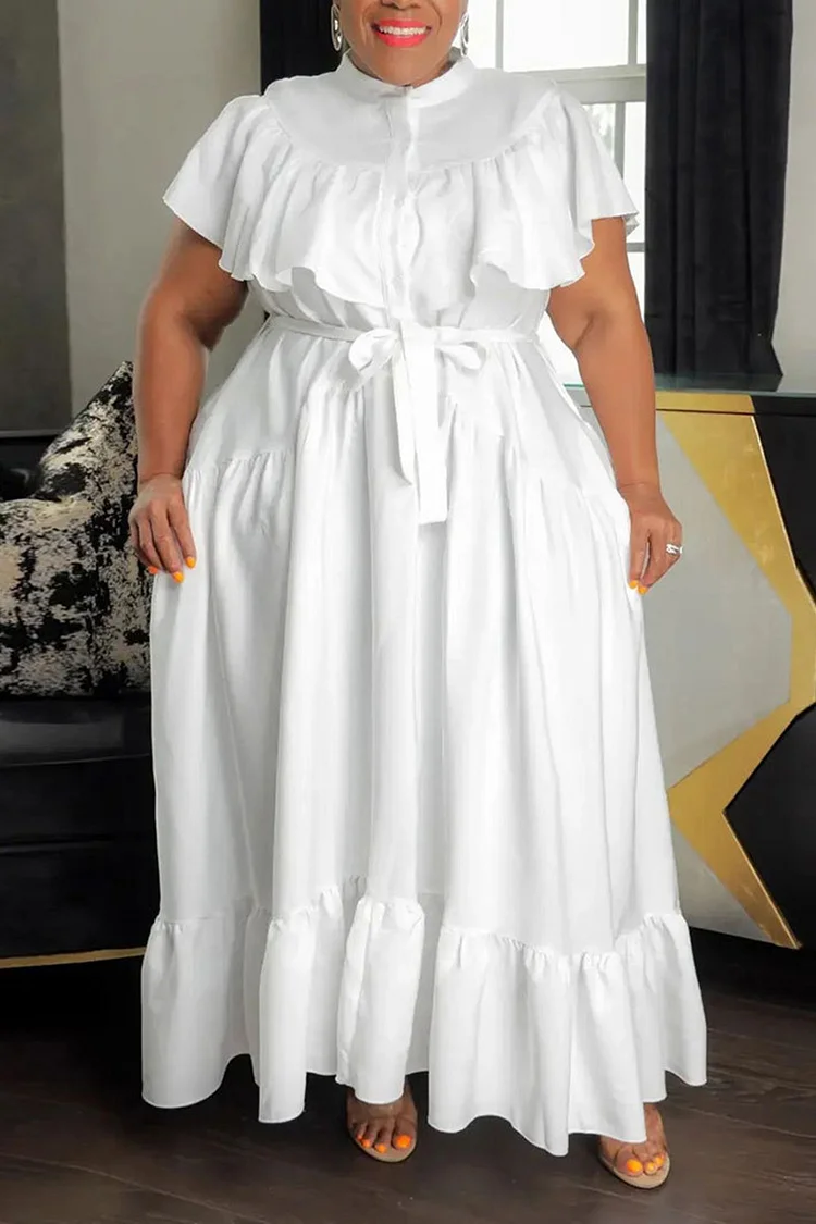 Plus Size White Casual Ruffle Straps Button Maxi Dress