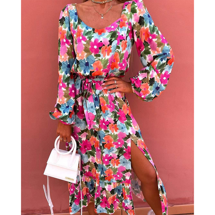 Blossom Printed Ruffle Slit Dress