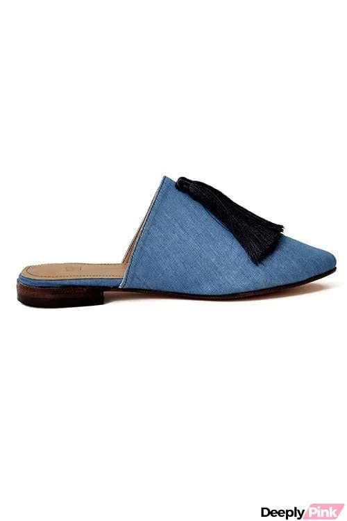 Tassels Denim Flat Mule