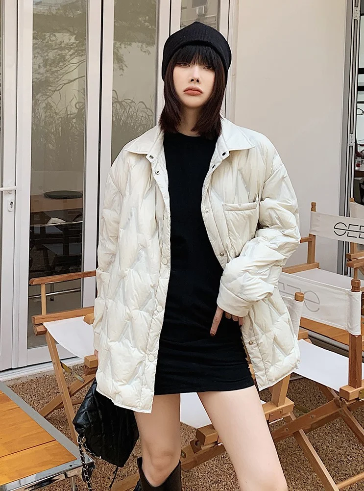 Woherb Station White Duck Down Shirt Down Jacket Female 2024 New Pressure Glue Thin Style Loose Autumn And Winter Lapel Coat-Outfit Ideas
