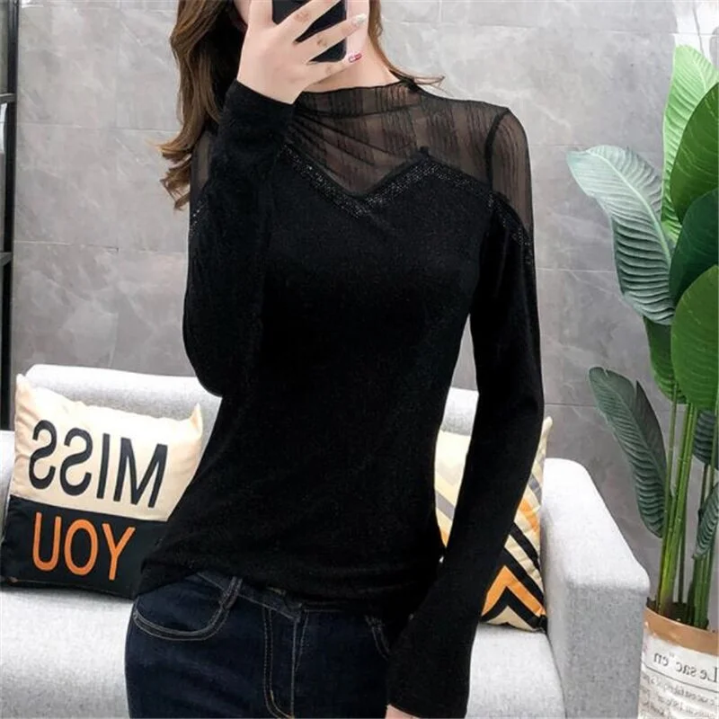 Mesh Diamond Top Women T-shirt Glossy Hollow out Female T-shirt Pullover Shiny Hot Drill Bottoming Blouses  Tshirt Women Tee