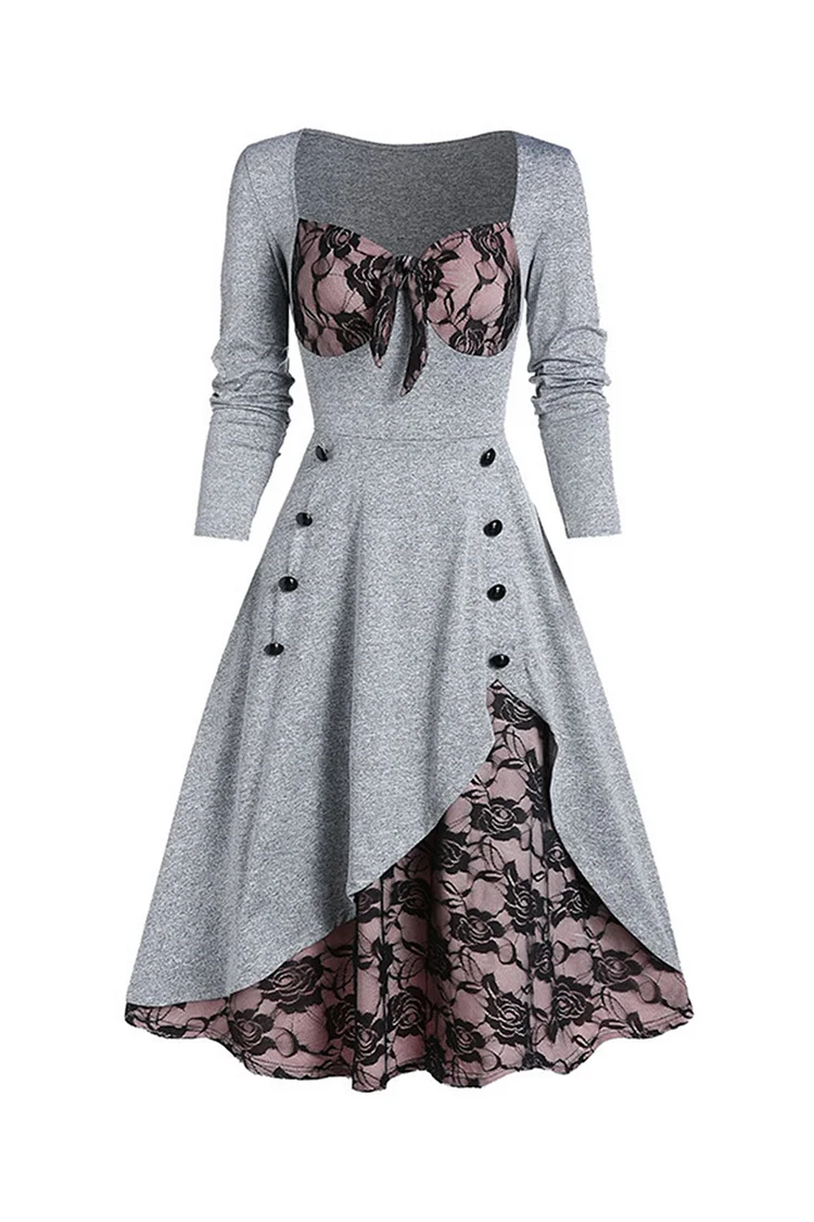 Gothic Plus Size Grey Casual Lace Patchwork Ruched Bow Double Breasted Midi Dress