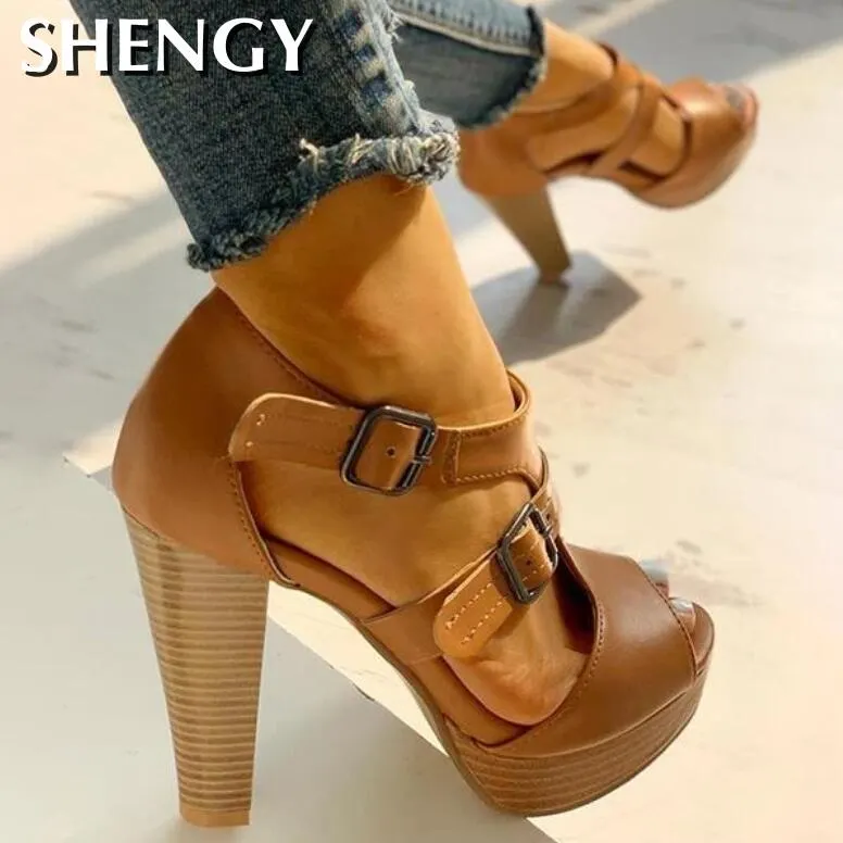 SHENGY 2020 Summer Women Shoes Fashion High Heel Shoes Sandals Peep Toe Platform Pumps Buckle Pumps Shoes Office