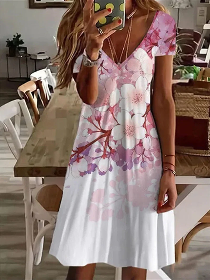 Women's Short Sleeve V-neck Graphic Floral Printed Midi Dress