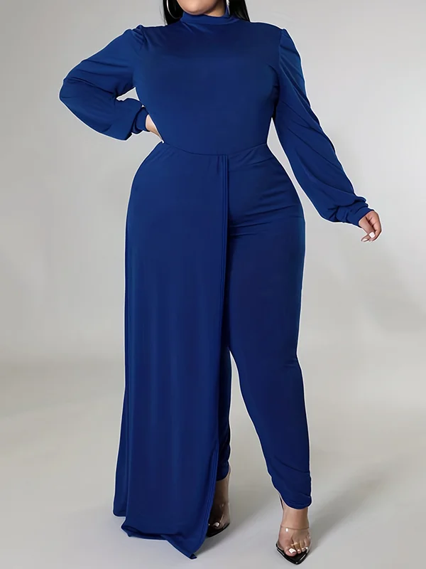Asymmetric Solid Color High Waisted Long Sleeves Mock Neck Jumpsuits