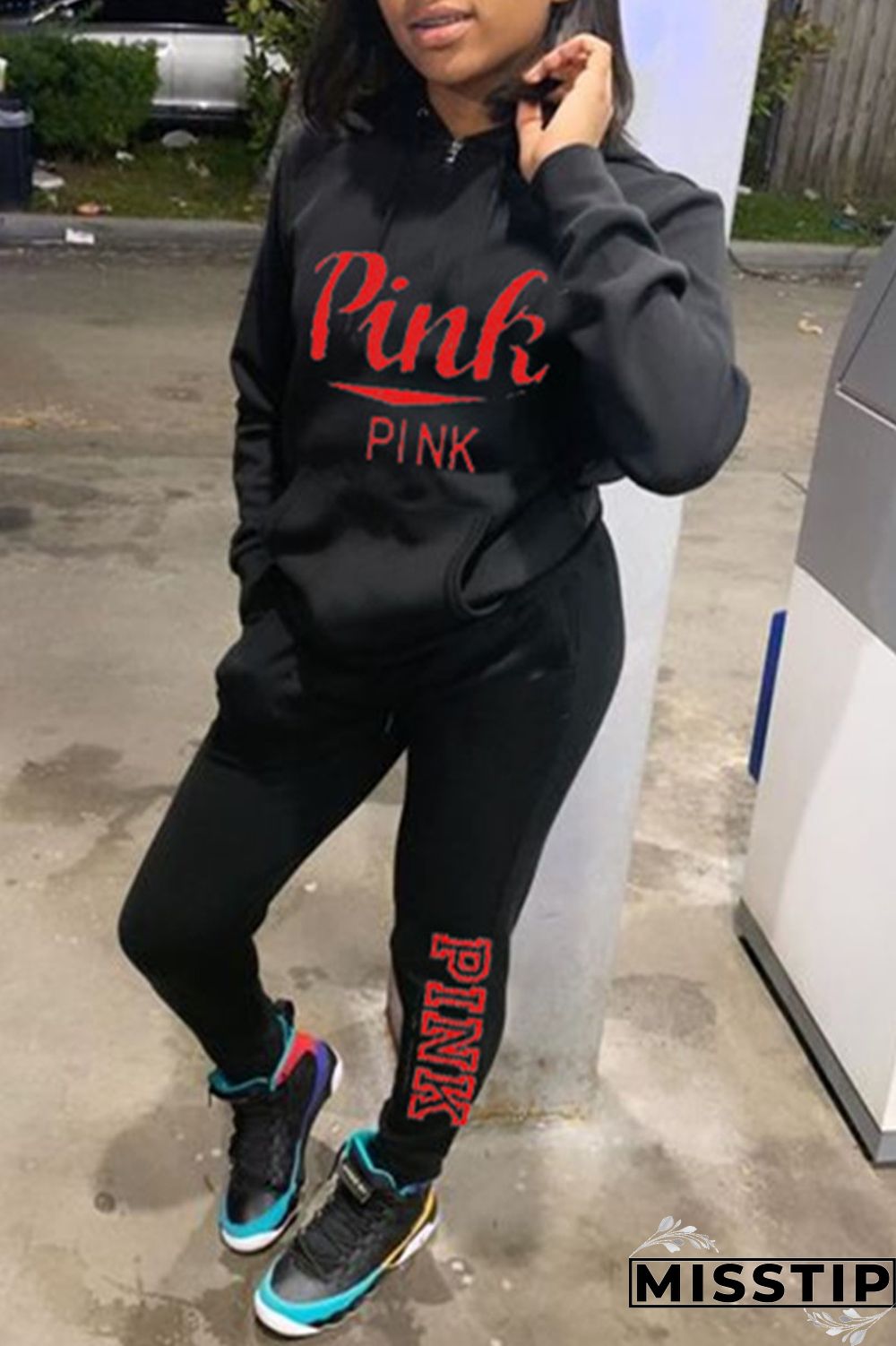 Black Fashion Casual Letter Print Basic Hooded Collar Long Sleeve Two Pieces