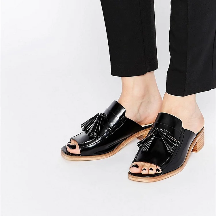 Black Patent Leather Open-Toe Fringe Mule Loafers for Women |FSJ Shoes