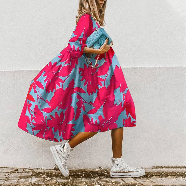 VChics Printed 3/4 Sleeve Round Neck Dress