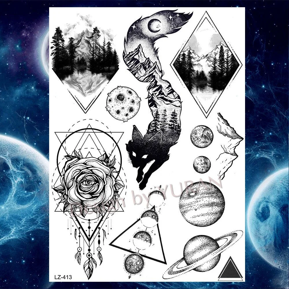 Tribal Forest Animals Black Galaxy Triangle Wolf Animals Temporary Tattoo Stickers Women Men Deer Tatoo Waterproof Arm Tattoos