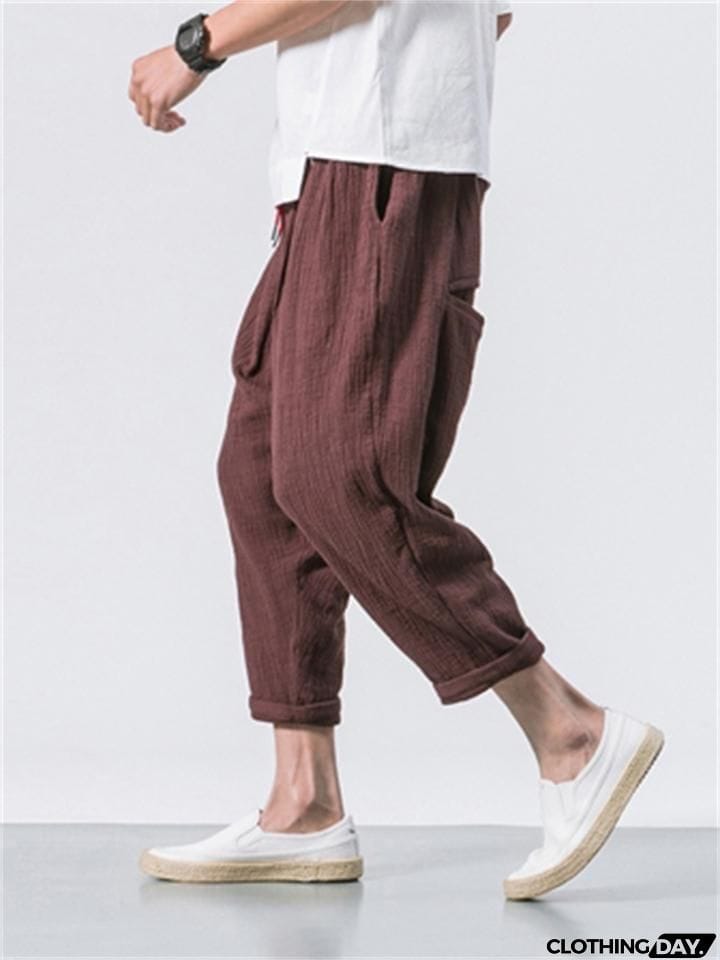 Men's Casual Loose Fashion Solid Color Linen Cropped Pants