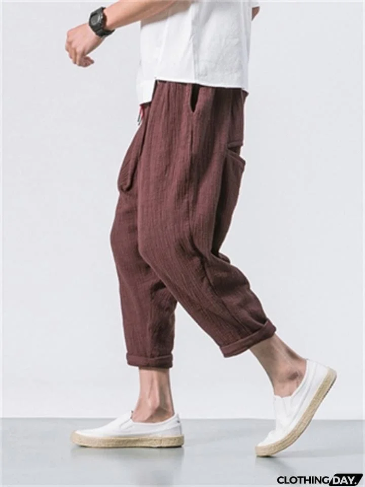 Men's Casual Loose Fashion Solid Color Linen Cropped Pants