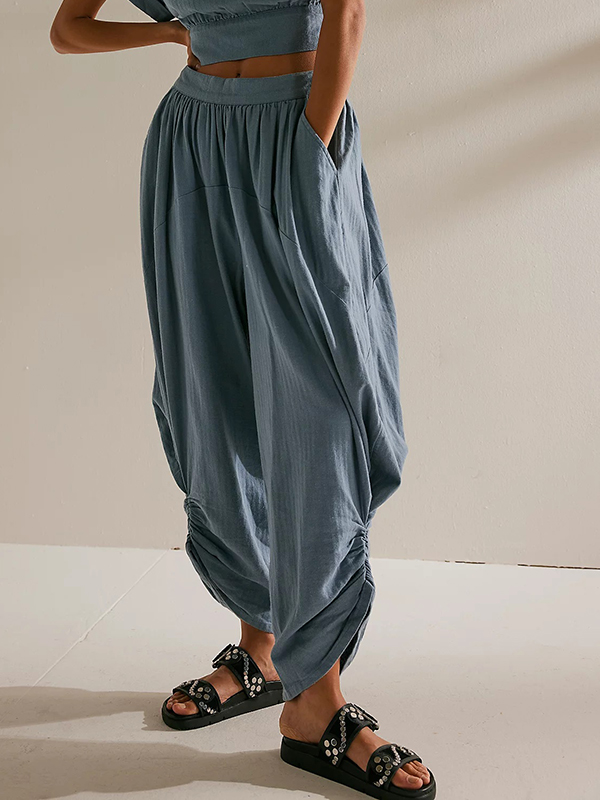 Solid Color Casual High Waist Wide Leg Pants