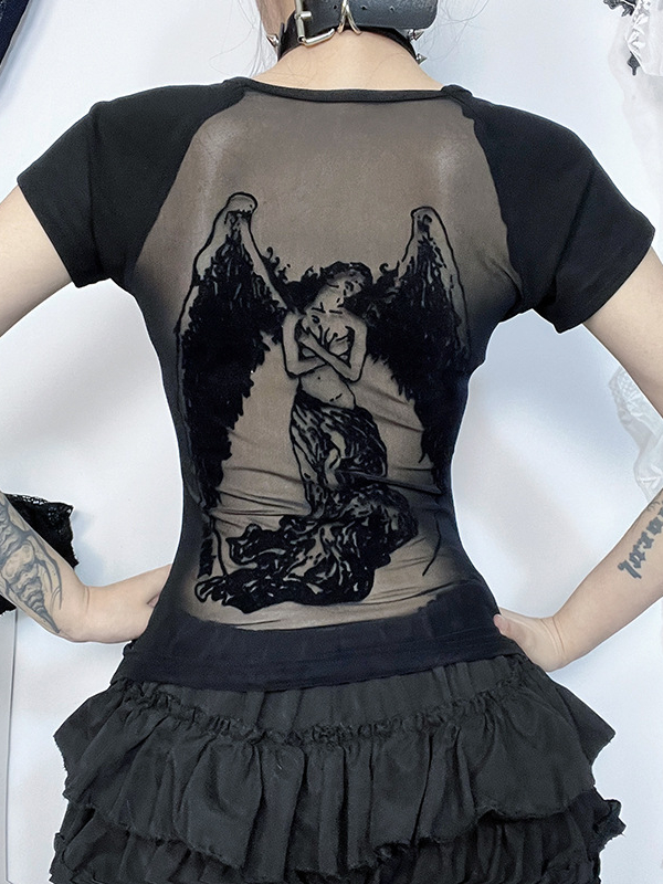 Gothic Dark  Flocked Embroidered T-Shirt