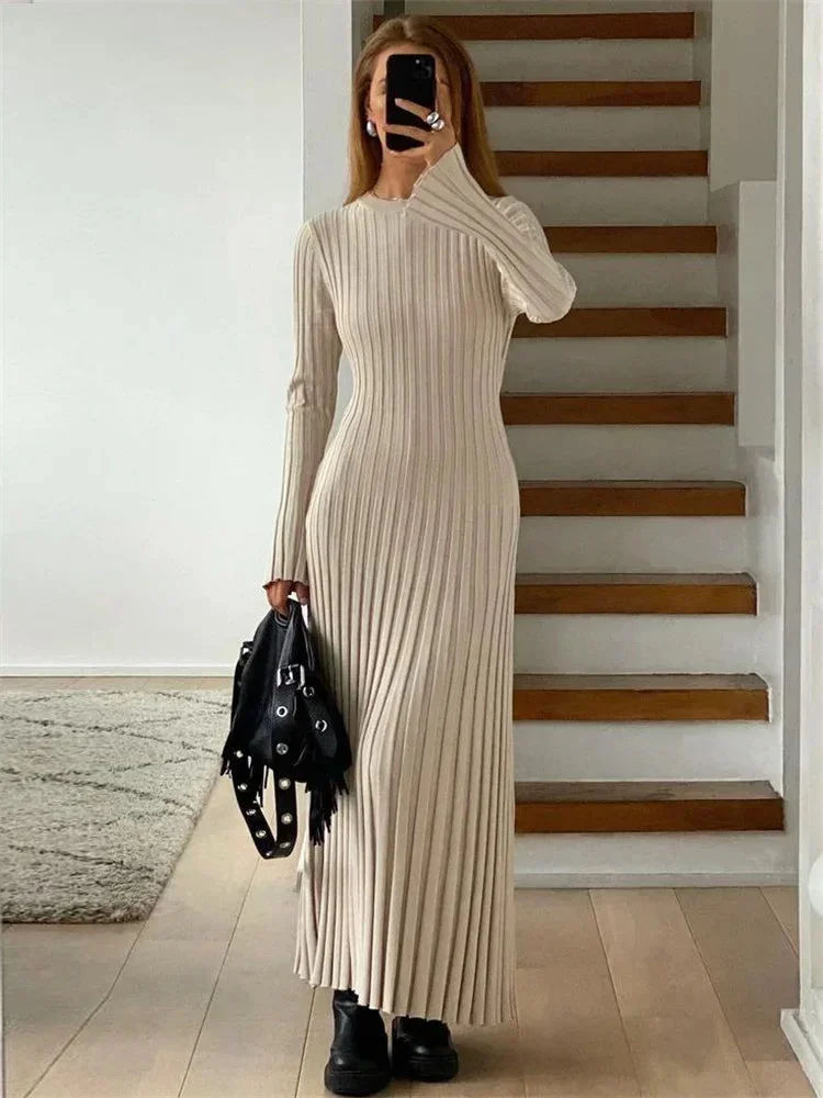 Oocharger Lace-Up Female Knit Maxi Dress Autumn High Waist Fashion Patchwork Long Sleeve Loose Solid Dress Bandage Knitwear Dress