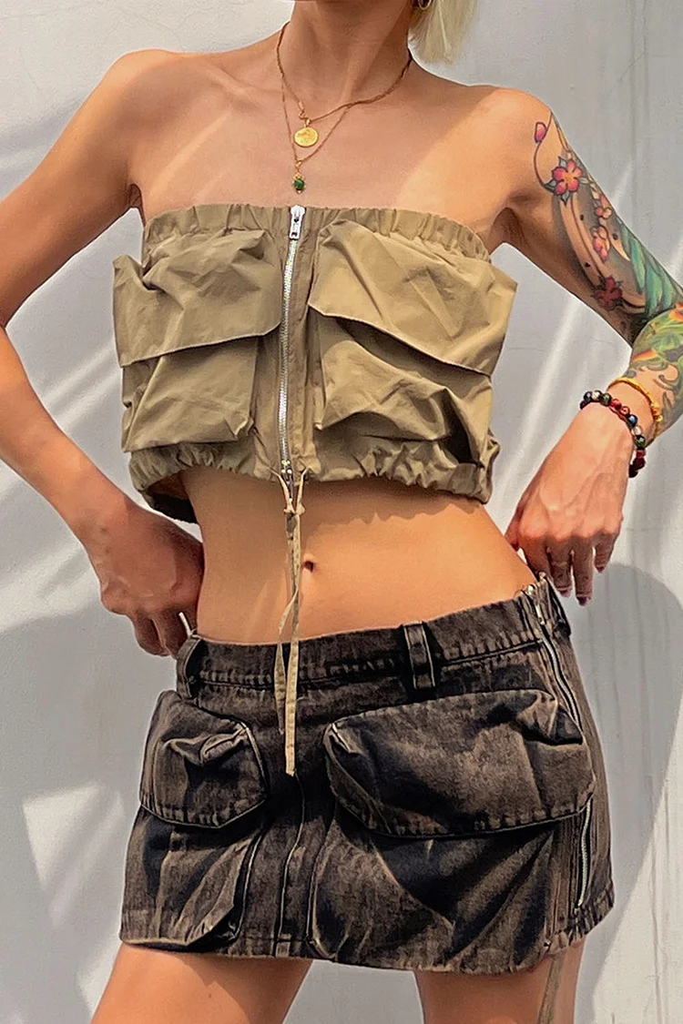 Gothic Khaki Casual Denim Pocket Zipper Cargo Tube Top Two Pieces Skirt Set