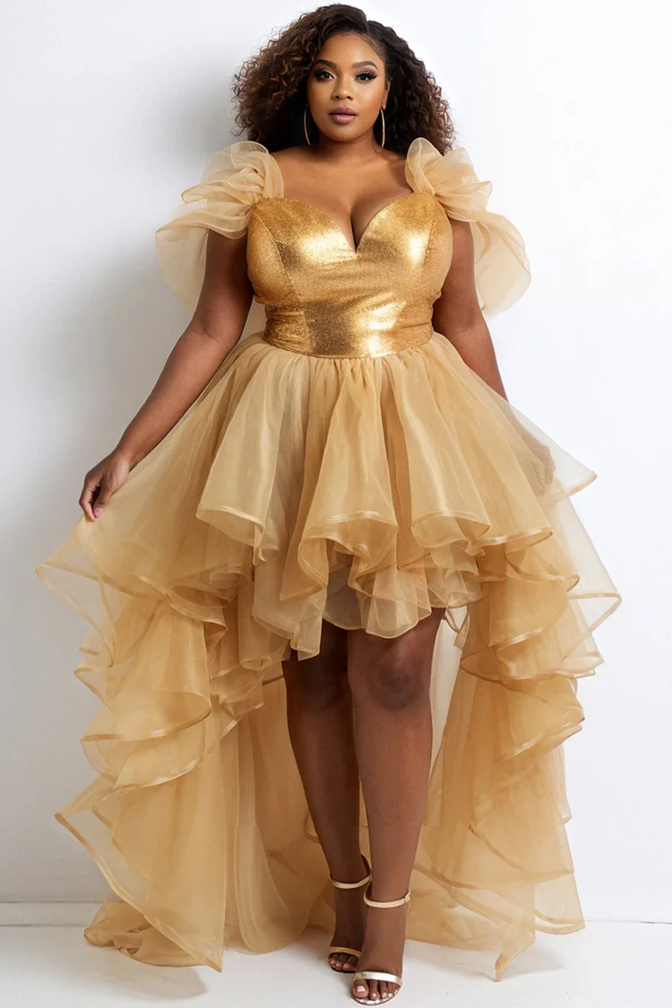 Xpluswear Design Plus Size Cocktail Party Organza Gold V Neck Ruffle Elegant High Low Hem Glitter Mini Dresses [Pre-Order]