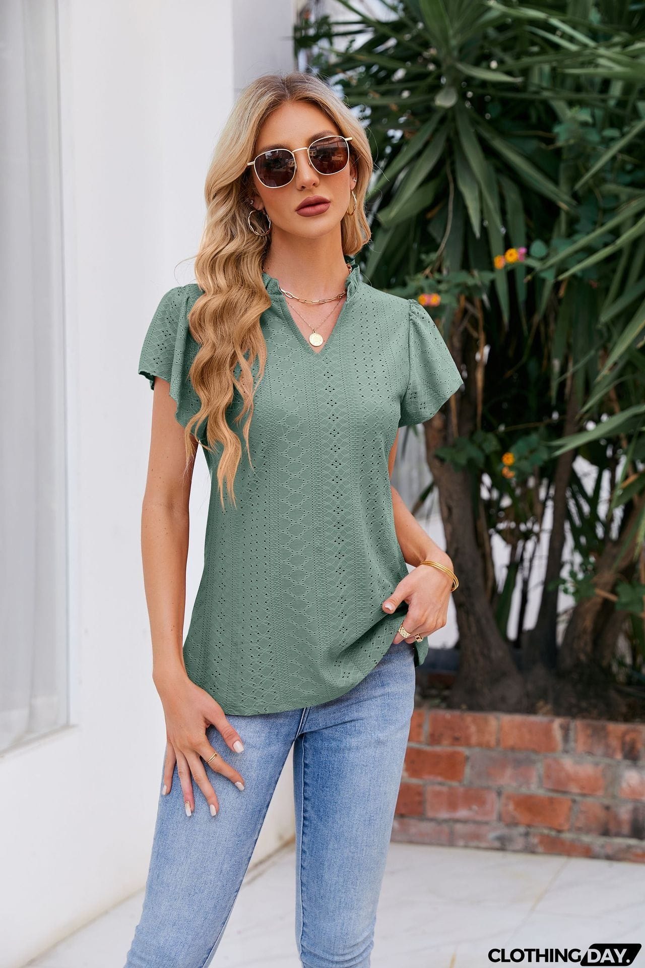 Notched Neck Puff Sleeve Blouse