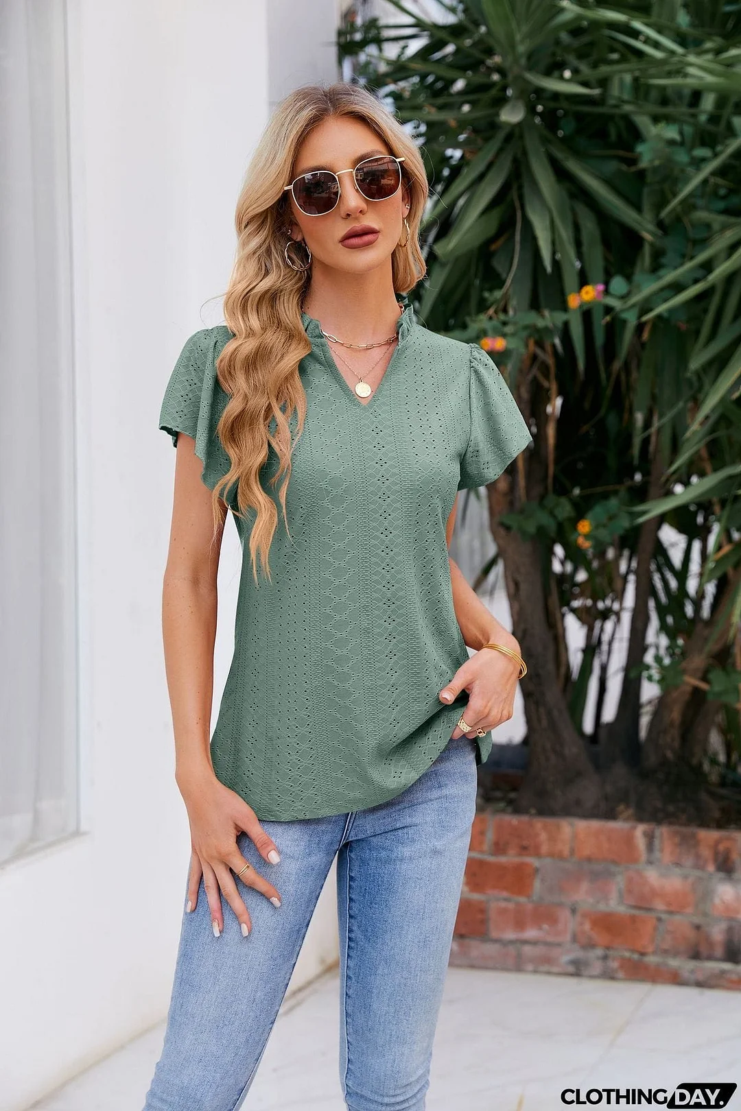 Notched Neck Puff Sleeve Blouse