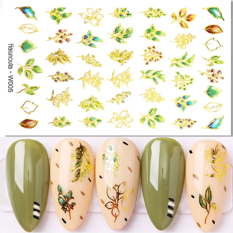 1 Sheet iridescent Nail Sticker Black leave 3D Transfer Beautiful Nail Decals Decoration Summer Popupar DIY Nail Design