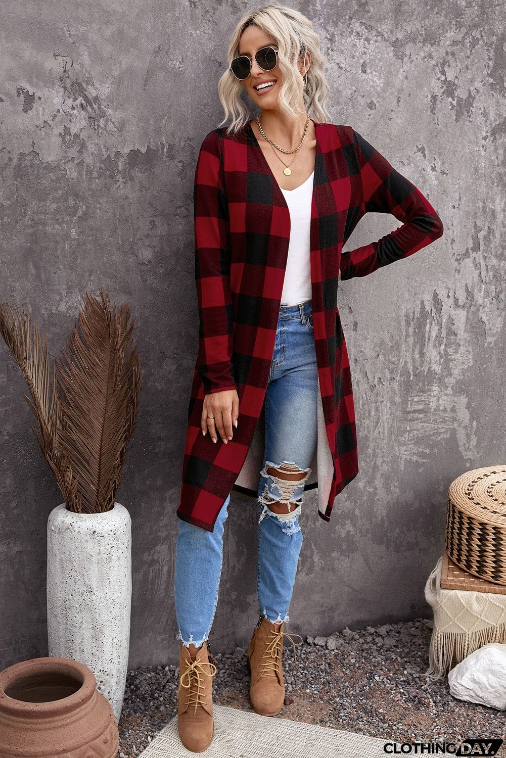 Classic Red Plaid Print Long Cardigan