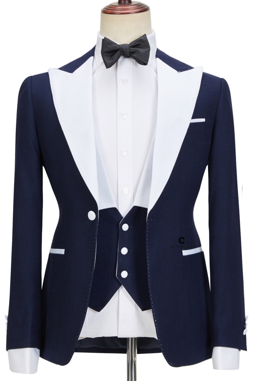 Three Pieces Elegant Navy Blue Peaked Lapel Slim Fit Men suits | Ballbellas Ballbellas