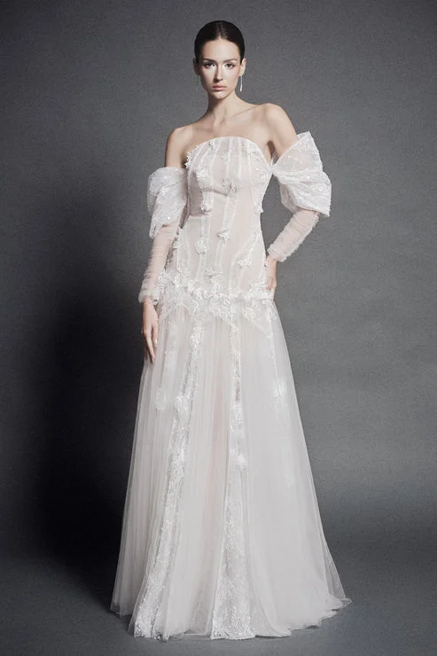 Lussooy Strapless White Off-the-Shoulder A Line Evening Dress with Appliques