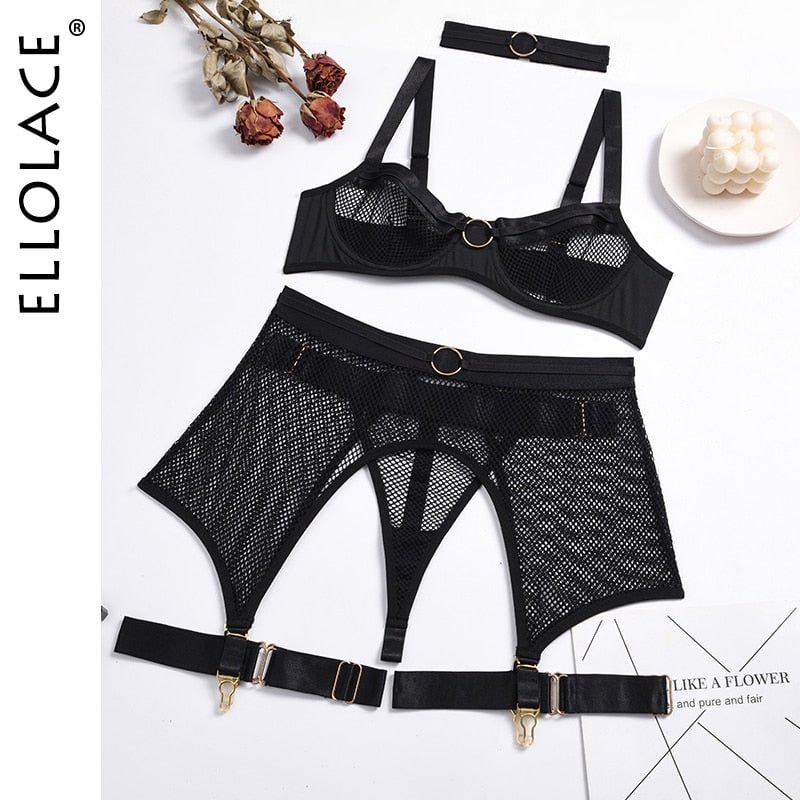 Ellolace Lingerie Women's Underwear 4 Piece Set Sensual Lingerie Women Bra with Bones Lingerie Set Erotic Lingerie Underwear Set
