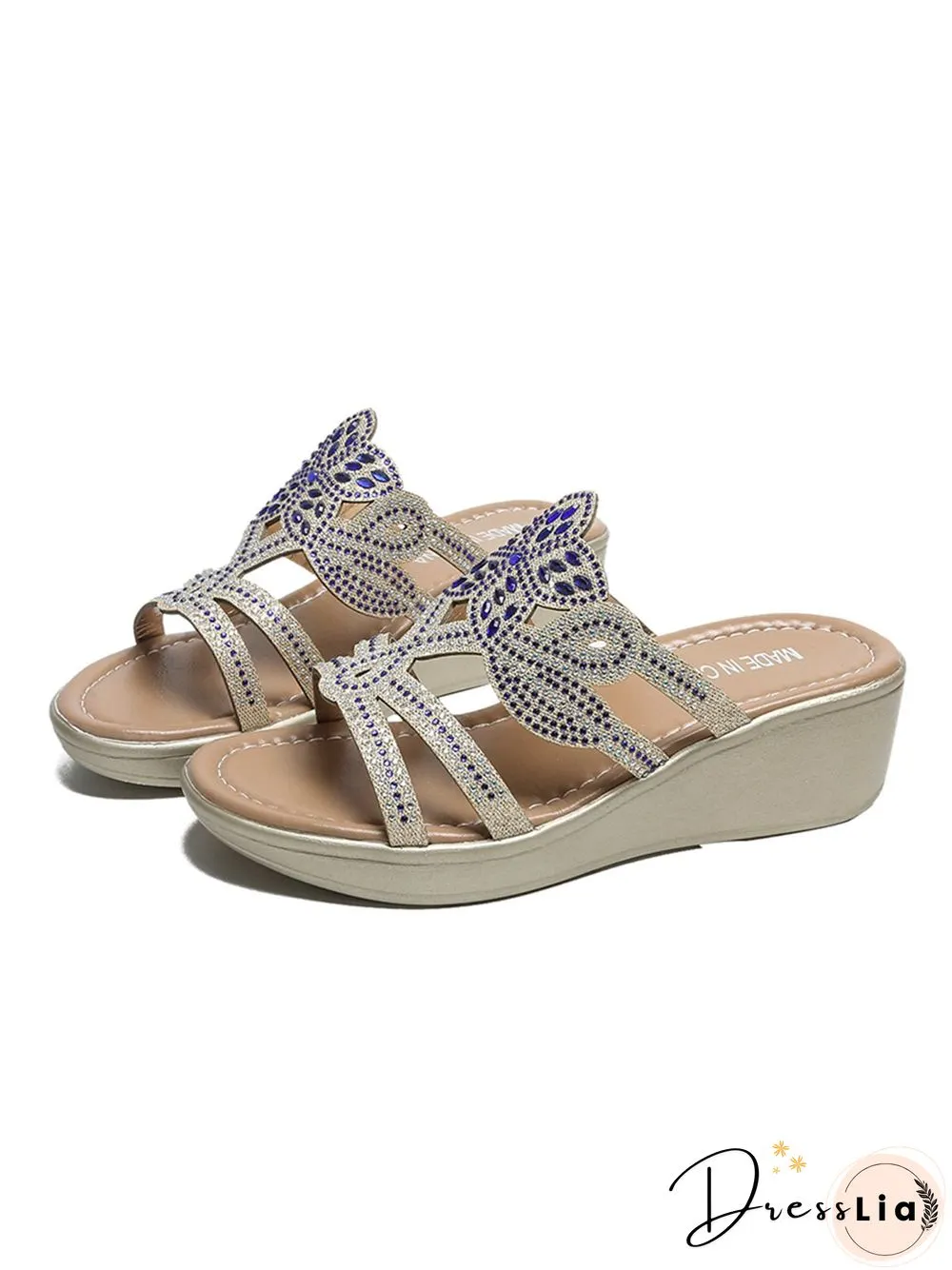 Rhinestone Floral Leaf Cutout Glitter Wedge Slippers