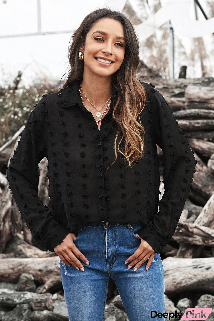 Women's Black Long Sleeve Button Fuzzy Polka Dot Work Shirt