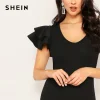 SHEIN Black Layered Flutter Sleeve V-Neck Slim Fitted Jumpsuit Spring Mid Waist Casual Highstreet Women Solid Skinny Jumpsuits