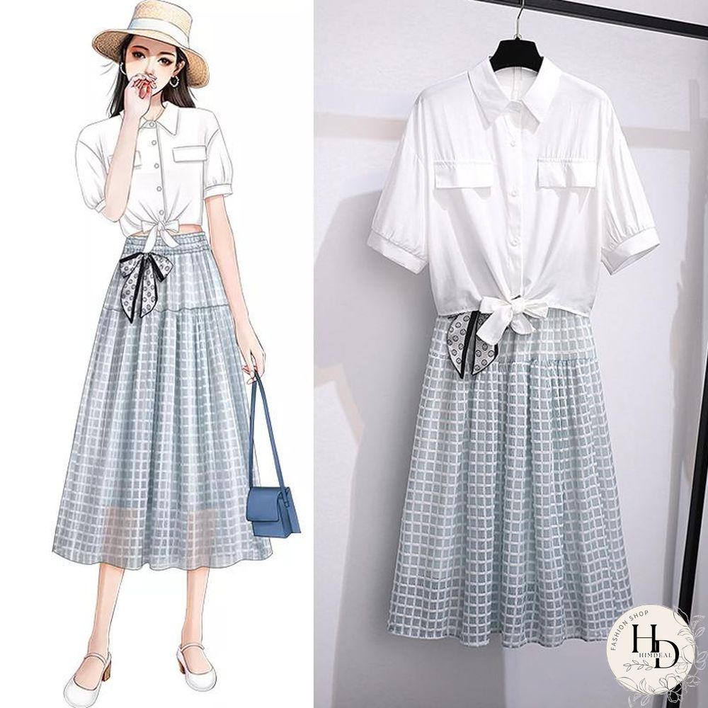 Basic Lace-Up Blouse+Plaid Skirt P10121