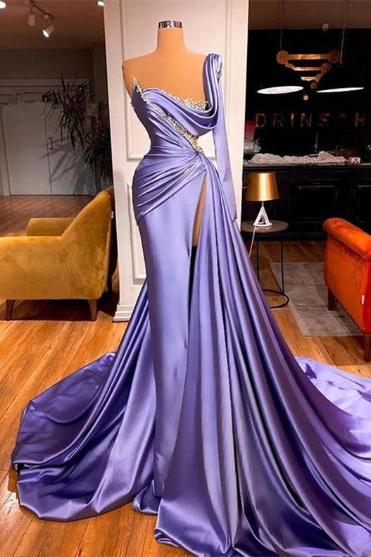 Classic Long Sleeves One Shoulder Mermaid Prom Dress Slit Beadings - lulusllly