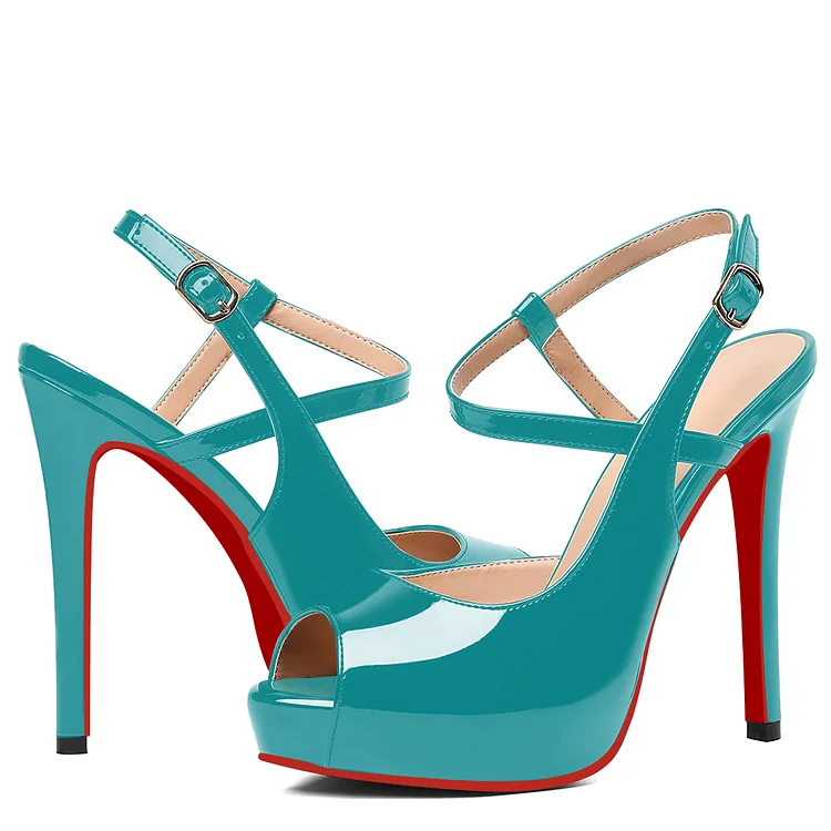 120mm Women Slingback Pumps Patent Ankle Strap Stiletto Peep Toe Dress Red Bottoms Shoes VOCOSI VOCOSI