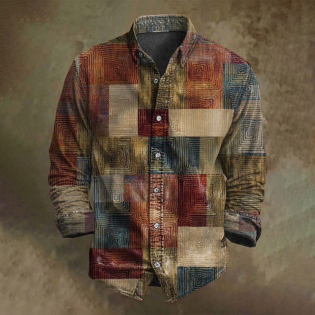 Men's Color Block Spiral Geometric Art Print Long Sleeve Shirt  artssus