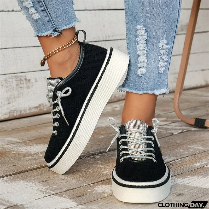 Women's Stylish Thick-Soled Round Toe Lace-Up Rhinestone Casual Shoes