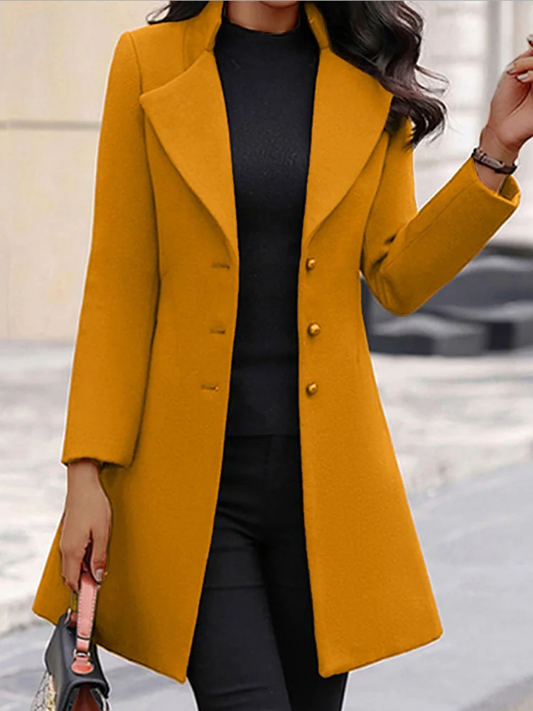 LADYSY Casual Lapel Solid Color Woolen Coat 