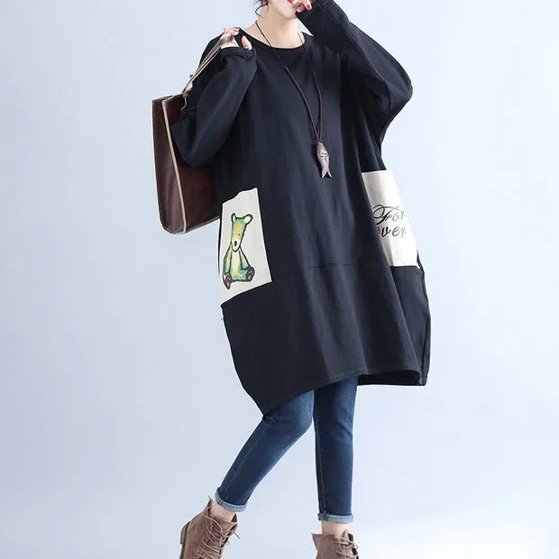 winter casual black cotton dresses plus size pockets long sleeve shift dress