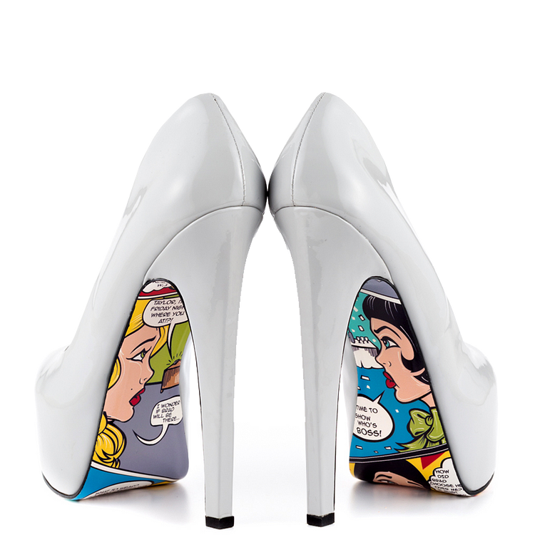 Women's Light Grey Heels Dress Shoes Comic Printed Platform Pumps |FSJ Shoes