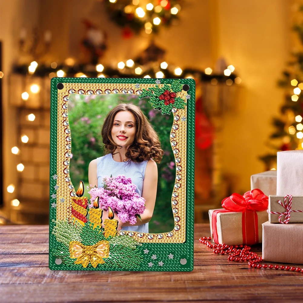 5D DIY Christmas Green Floral Special Shape Diamond Painting Photo Frame Home Decor