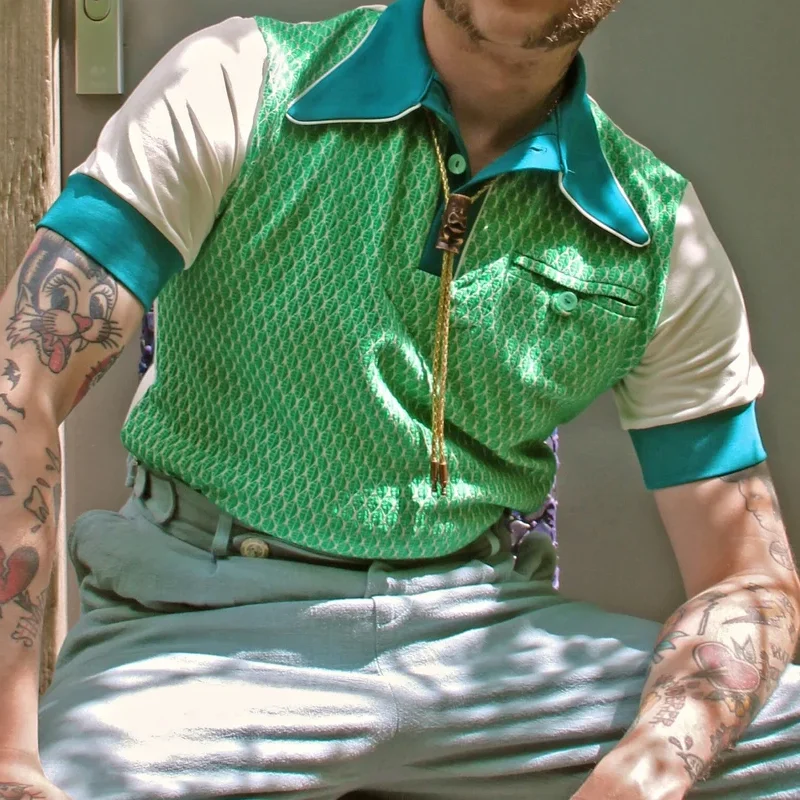 Retro Men's Contrast Zipper Lapel Polo Shirt